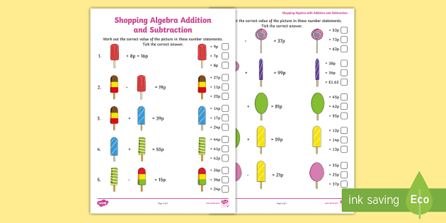 Algebra Addition & Subtraction Worksheet - Primary Resource