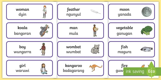 Dharawal Aboriginal Language Word Cards Australian Curriculum