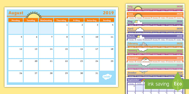 Academic Year Monthly Calendar Planning Template 2019 2020