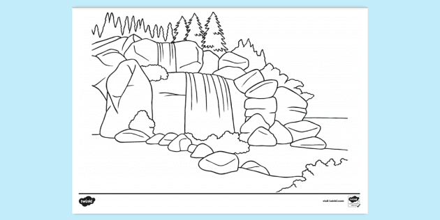 Premium Vector | Waterfall flowing into a pond coloring book