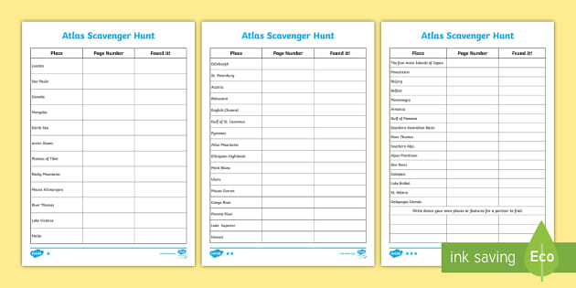 World Features Differentiated Atlas Scavenger Hunt Worksheet