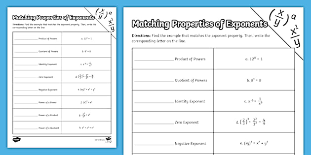 Seventh Grade Matching Properties of Exponents - Twinkl