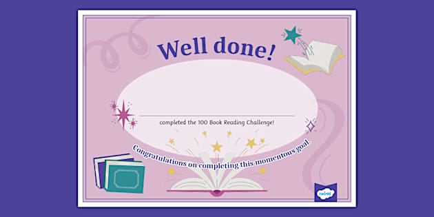 100 Book Reading Challenge Completion Certificate - Twinkl