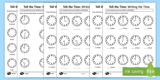 year 1 telling the time differentiated worksheet