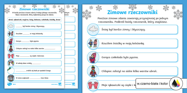 Rzeczowniki Własne I Pospolite Karta Pracy Zimowe rzeczowniki w zdaniach | Karta pracy - Twinkl