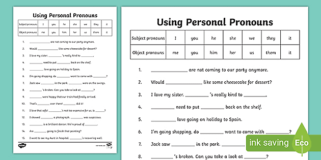 New Personal Pronouns Worksheet