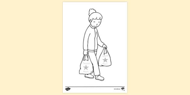 Old Lady Carrying Shopping Bags Colouring | Colouring Sheet