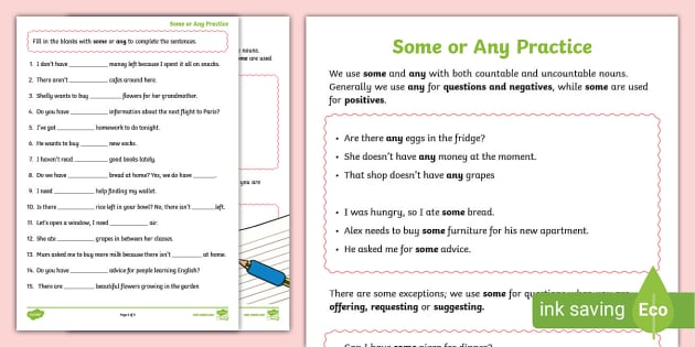 ESL Some or Any Practice Worksheet (teacher made) - Twinkl