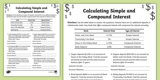 Eighth Grade Calculating Simple and Compound Interest Word Problems