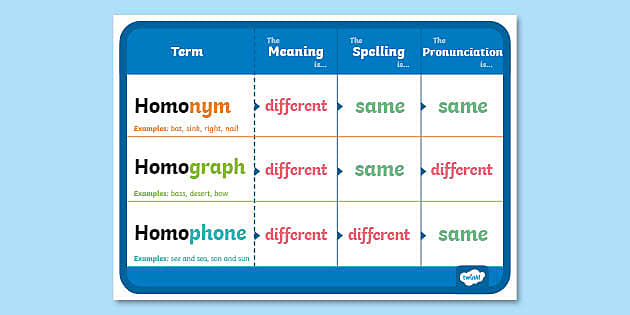 homonym homograph homophone explanation chart teacher made