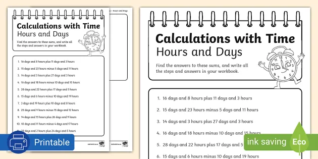 Calculations with Time Hours and Days Activity Sheet