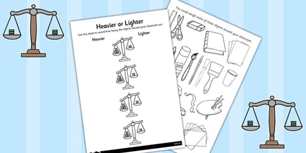 KS1 Heavier or Lighter Recording Worksheet - Age 5-7 years