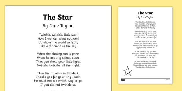 The Star by Jane Taylor Poem Print Out (teacher made)
