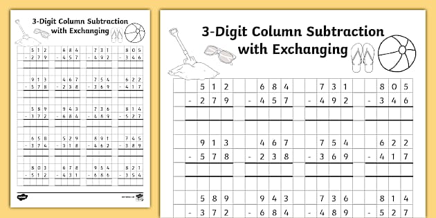 Summer-Themed 3-Digit Subtraction with Exchanging Activity