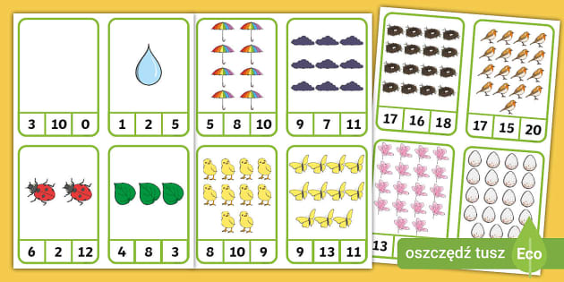 Wiosna | Zadanie z klamerkami | Liczenie do 10 i 20 - Twinkl