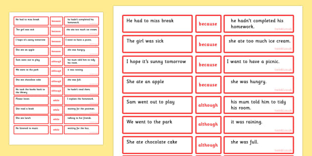 english ib exercises b Because Matching Game While Conjunctions Although