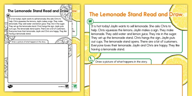 Lemonade Stand Read and Draw Worksheet for Kindergarten Kids