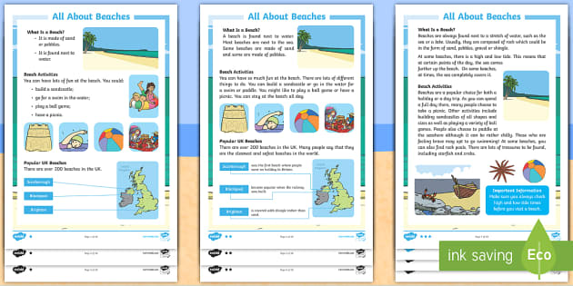 Beaches Differentiated Reading Comprehension Activity - KS1