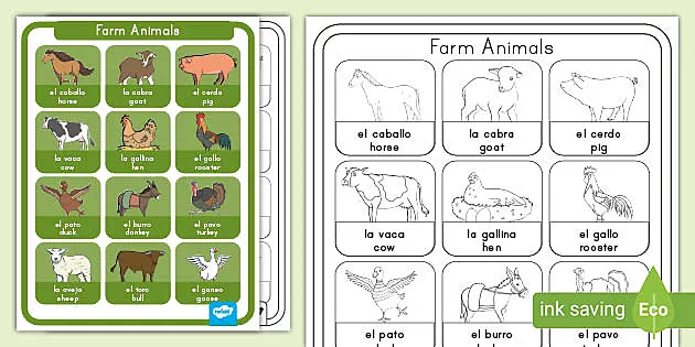 Farm Animals in English/Spanish Display Poster - Twinkl