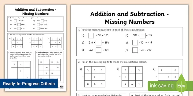 addition and subtraction missing number worksheet