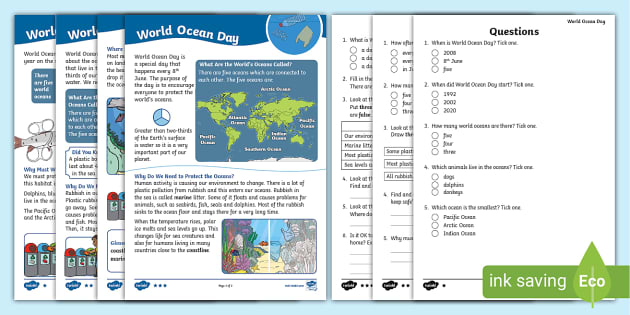 KS1 World Oceans Day Reading Comprehension Activity | Twinkl