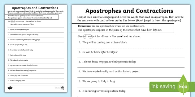 NEW Apostrophe And Contractions Work Sheet Twinkl