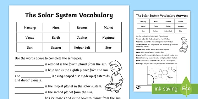 solar system vocabulary worksheet science vocab