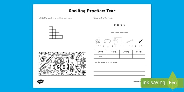 Tear Spelling Practice Worksheet (teacher made) - Twinkl