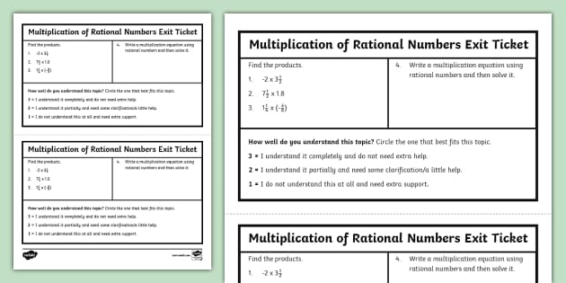 Seventh Grade Multiplication of Rational Numbers Exit Ticket