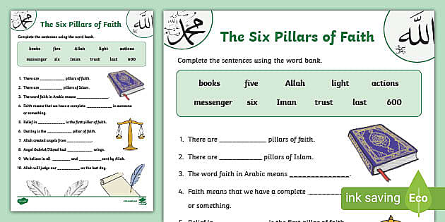 The Six Pillars Of Faith Fill In The Blanks Worksheet