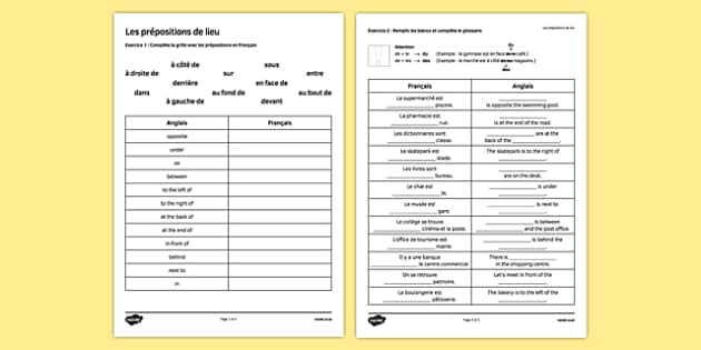 Place Prepositions Worksheet  French Grammar Exercises PDF