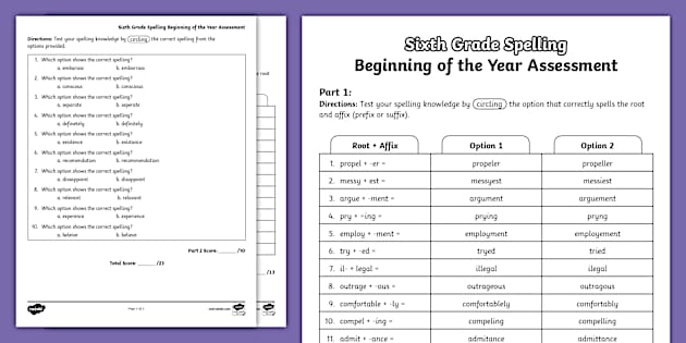 Sixth Grade Beginning of the Year ELA Spelling Assessment