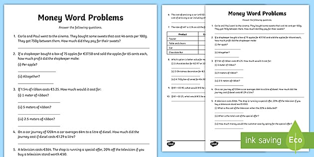 Money Solving Problems Worksheet | Junior and Senior Infants