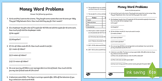 money solving problems worksheet junior and senior infants