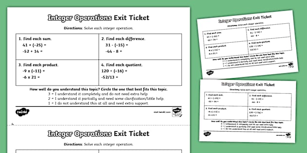 Seventh Grade Integer Operations Exit Ticket (teacher made)