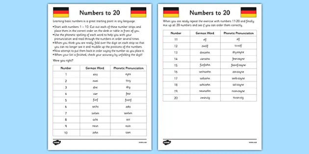 one to 10 in german numbers to 20 german worksheet