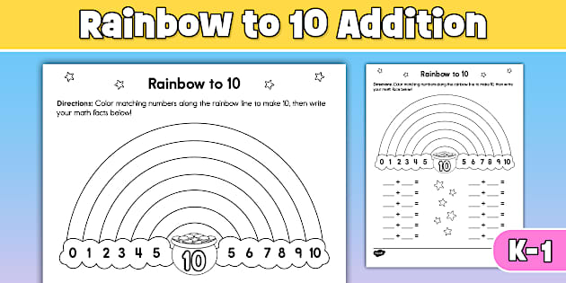 Rainbow to 10 Worksheet for K-1st Grade