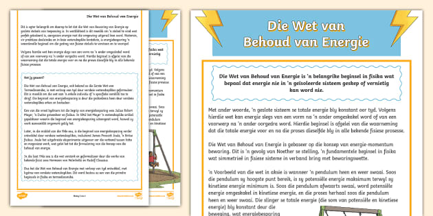 Die Wet van Behoud van Energie (teacher made) - Twinkl