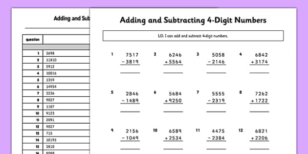 4 digit addition and subtraction worksheets teacher made