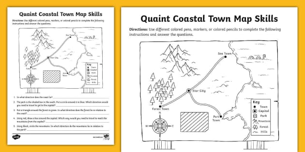 Fifth Grade Quaint Coastal Town Map Skills Worksheet
