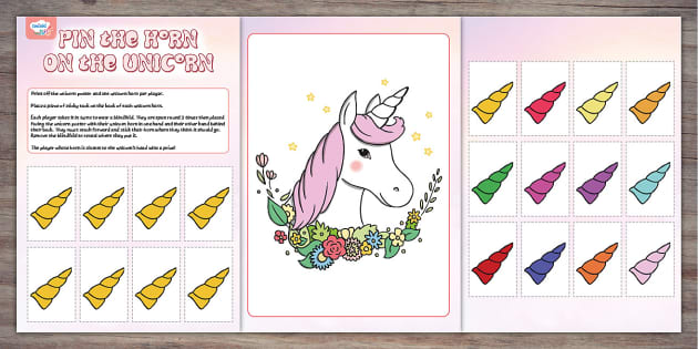 Pin the tail on the donkey style game Pin the Horn on the Unicorn 