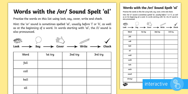 Year 2 Spelling Practice /or/ Sound Spelt 'al' Worksheet