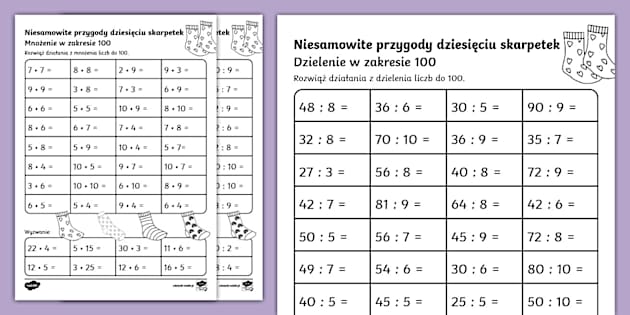 Mnozenie I Dzielenie Klasa 3 Karty Pracy Mnożenie i dzielenie do 100 | Niesamowite przygody 10 skarpet