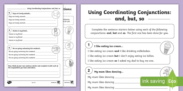 Using Coordinating Conjunctions And But So Activity Sheet 