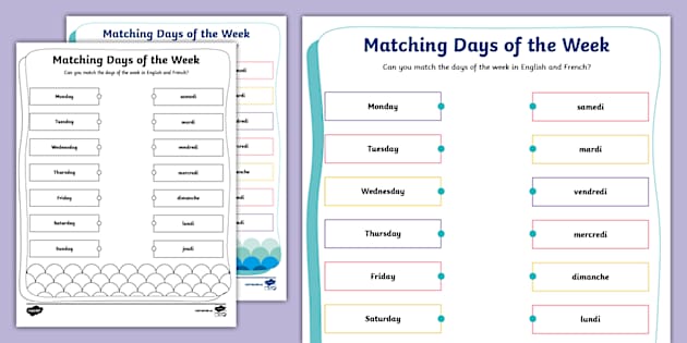 Days of the Week Matching Worksheet English to French