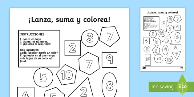 Ficha para contar y sumar: Lanza el dado, suma y colorea formas 2D - Lanza  el