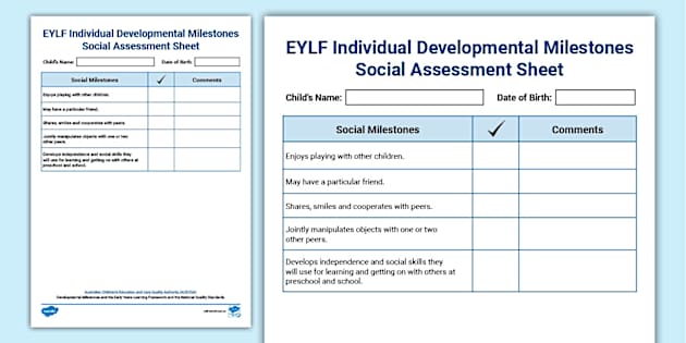 Eylf Individual Developmental Milestones Social Assessment Sheet 4569