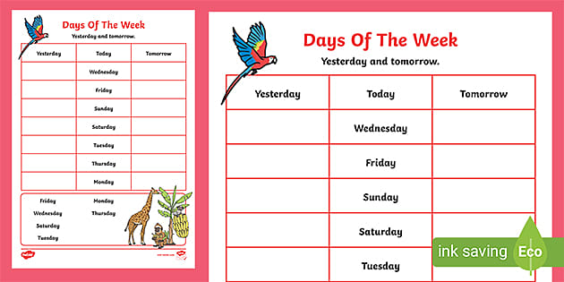 Days of the Week Yesterday and Tomorrow Worksheet Twinkl