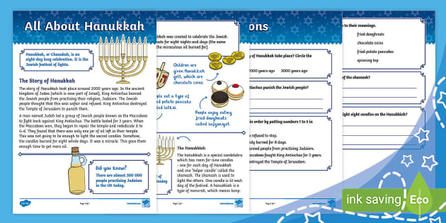 Hanukkah-Themed Reading Comprehension (Ages 5 - 6) - Twinkl