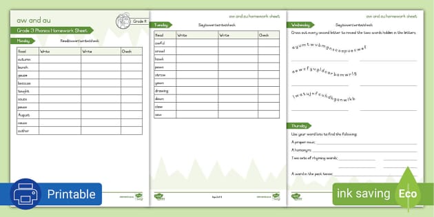 Grade 3 Phonics: aw au: Homework Sheet (teacher made)